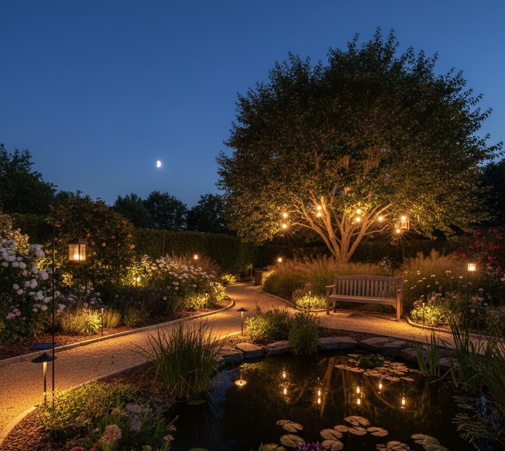 Puutarha valaistuksen jälkeen