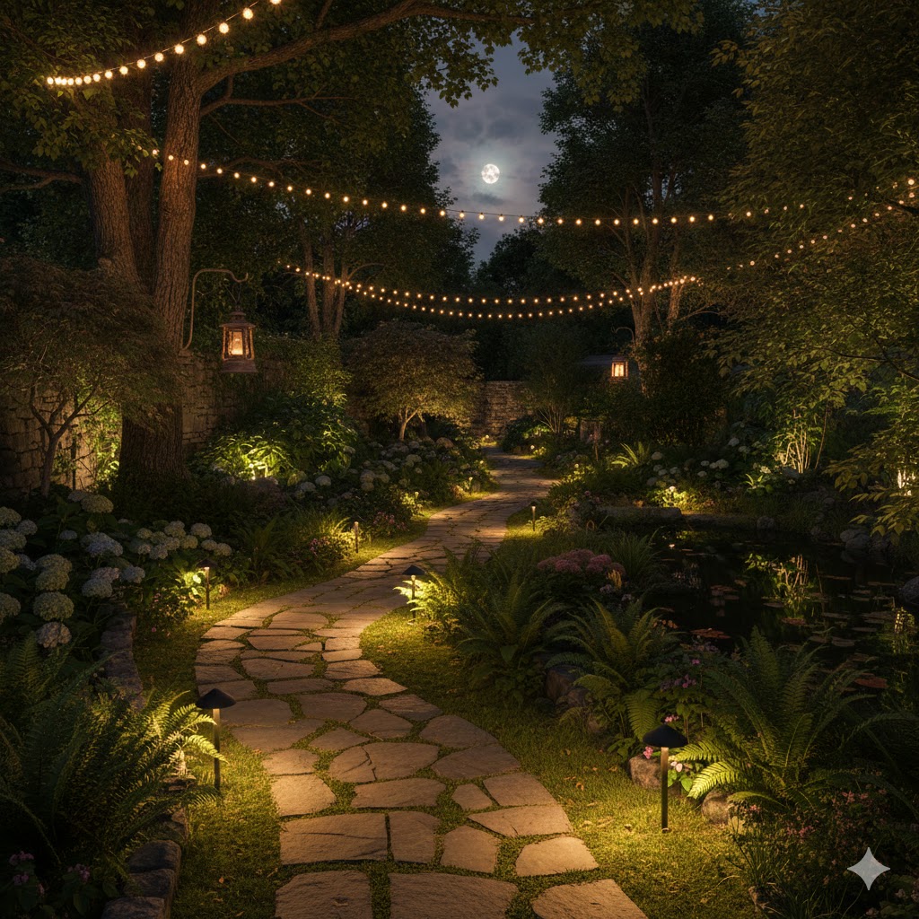 Valaistettu puutarha
