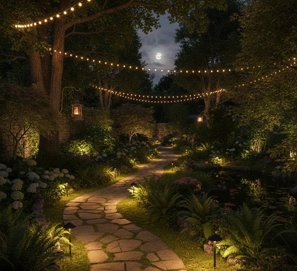 Valaistettu puutarha